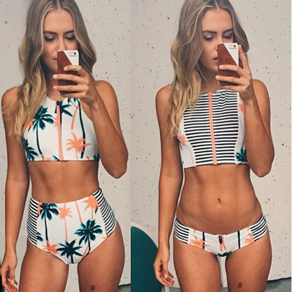 High Waist Flower Print Zipper Bikini Set Swimwear - Meet Yours Fashion - 1