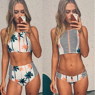 High Waist Flower Print Zipper Bikini Set Swimwear - Meet Yours Fashion - 1