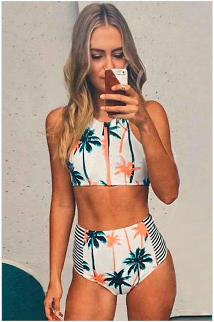 High Waist Flower Print Zipper Bikini Set Swimwear - Meet Yours Fashion - 1