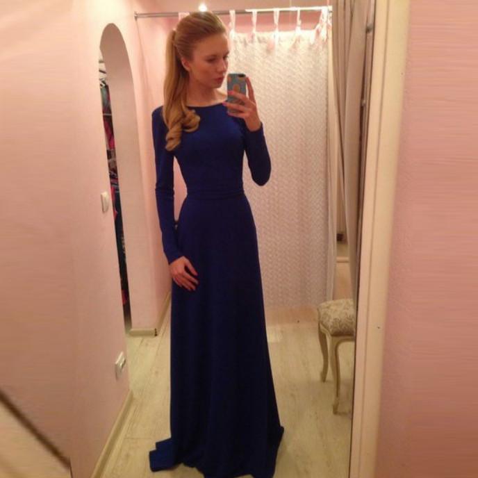 Long Sleeves Pure Color V-Back Backless Long Dress