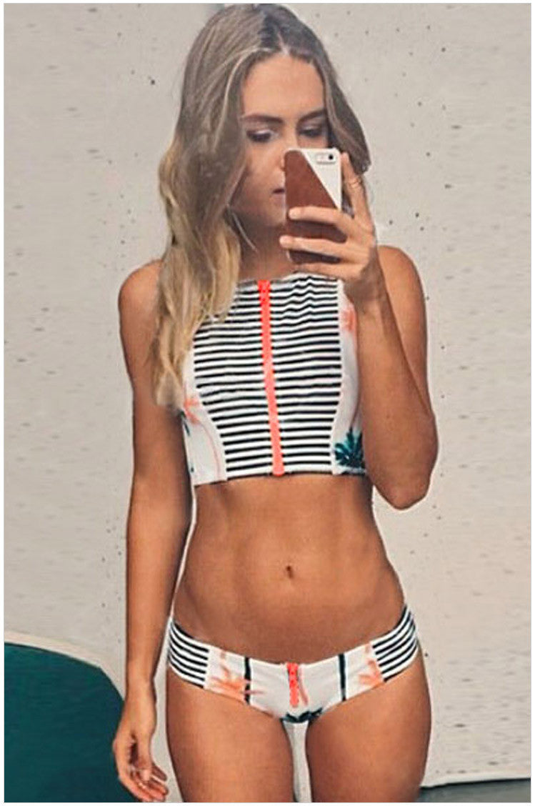 High Waist Flower Print Zipper Bikini Set Swimwear - Meet Yours Fashion - 4