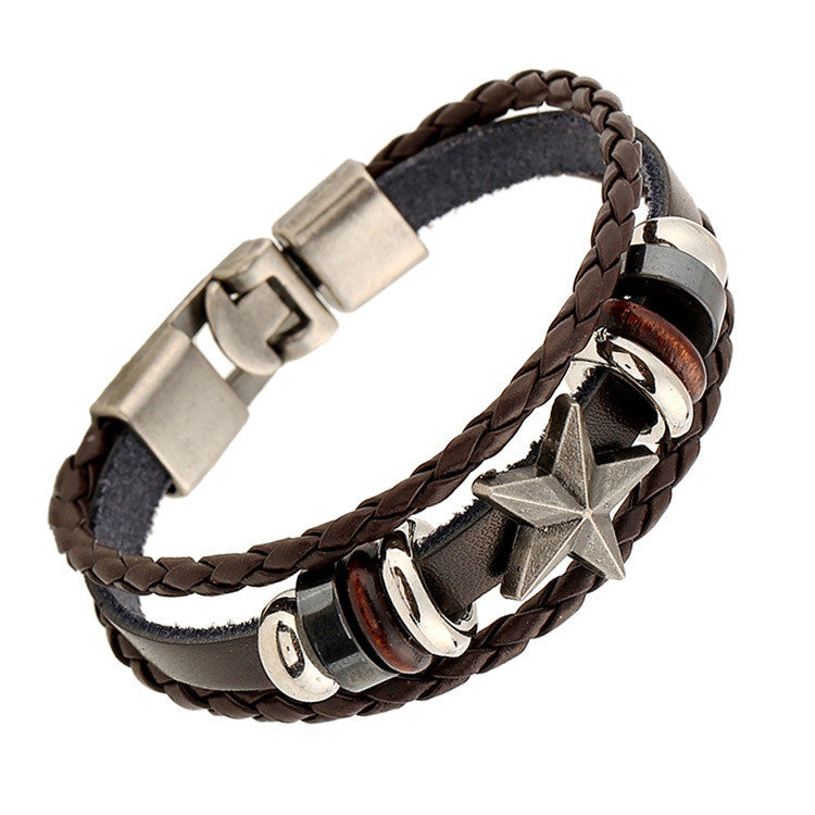 RETRO STAR BEADED LEATHER WOVEN BRACELET