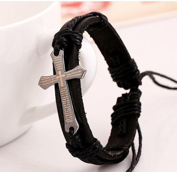 SCRIPTURE CROSS LEATHER BRACELET