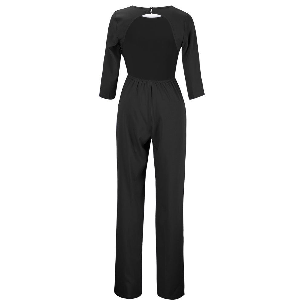 Pure 3/4 Sleeves Scoop Brief Slim Backless Long Jumpsuits