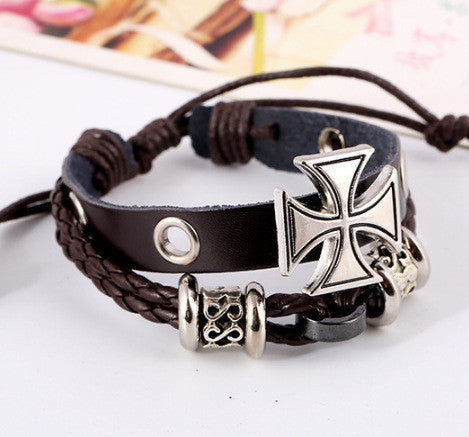 ALLOY BEADED CROSS LEATHER BRACELET