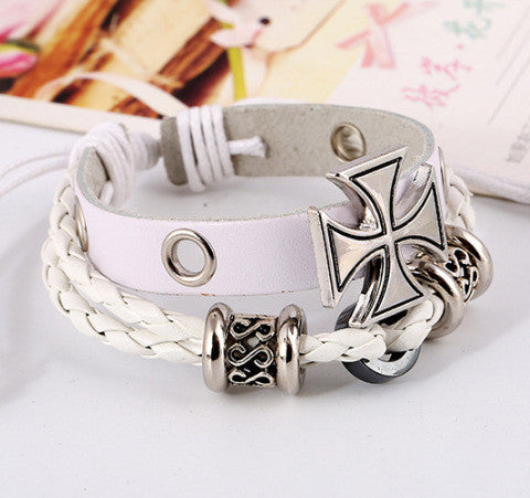 ALLOY BEADED CROSS LEATHER BRACELET
