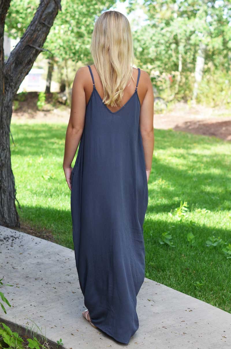 Spaghetti Strap V-neck Pleated Floor-length Long Cotton Loose Dress