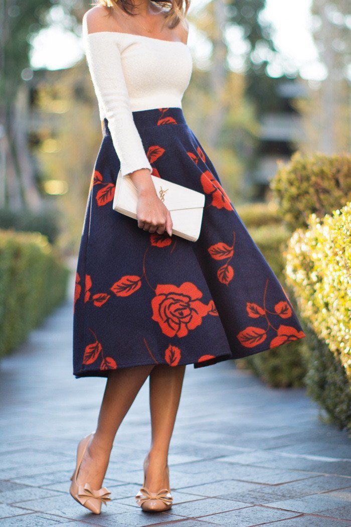 Fashion Rose Print High Waist Flared A-line Skirt