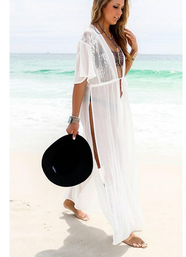 White Split Draw String Long Beach Cover Up Dress