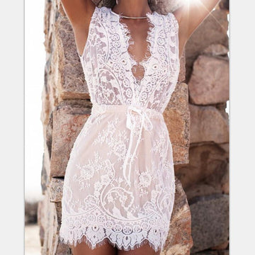 White Deep V-neck Sleeveless Lace Short Dress