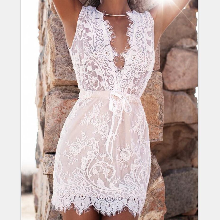 White Deep V-neck Sleeveless Lace Short Dress