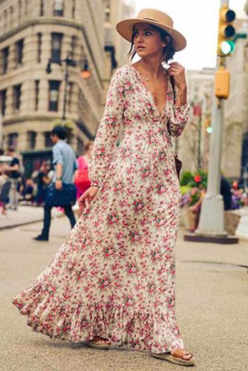 Bohemian Deep V-neck Floral Print Ruffle Long Beach Dress