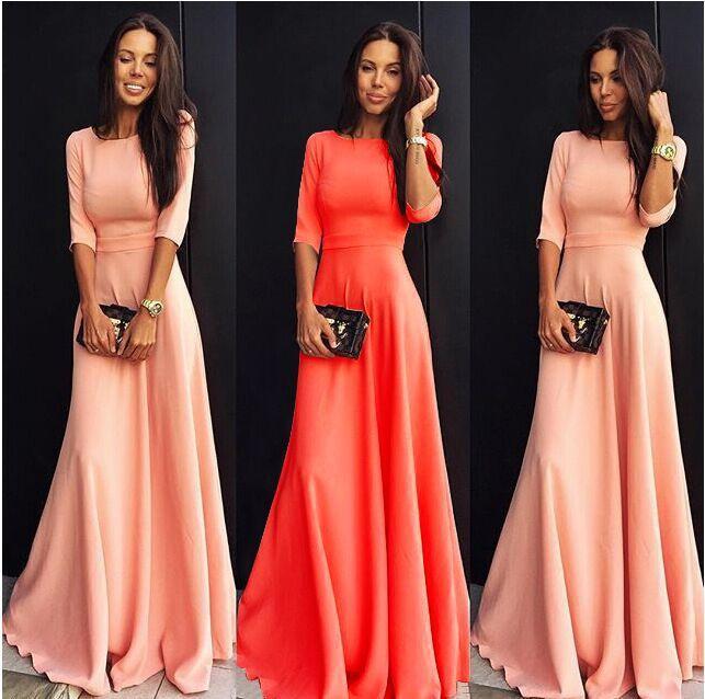 Slim Pure Color 3/4 Sleeves Pleated Long Maxi Dress
