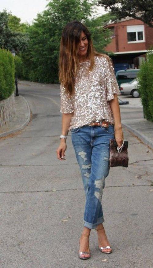 1/2 Sleeves Sequin Casual Loose Sexy Club Blouse