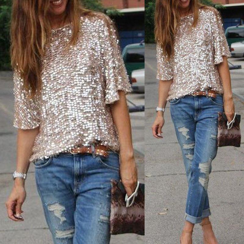 1/2 Sleeves Sequin Casual Loose Sexy Club Blouse