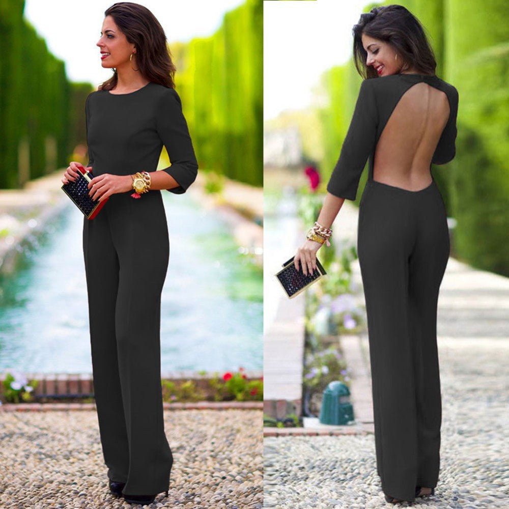 Pure 3/4 Sleeves Scoop Brief Slim Backless Long Jumpsuits