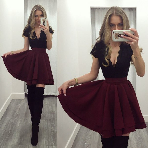 Deep V-neck Patchwork Splicing Lace Short Dress - Oh Yours Fashion - 1