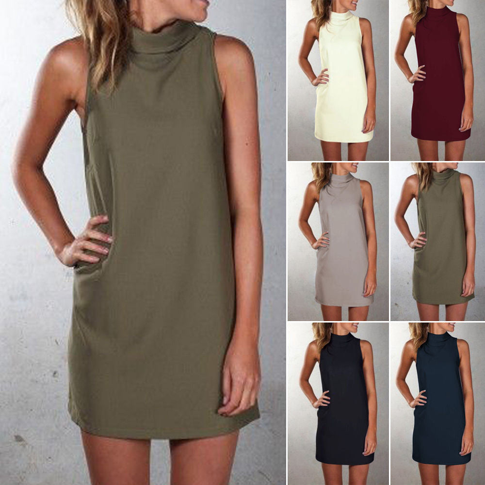 Pure Color Sexy O-neck Sleeveless Short Dress