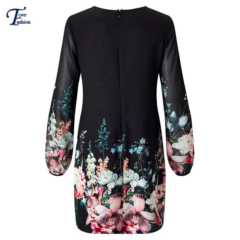 Chiffon Print Scoop Long Sleeves Short Dress