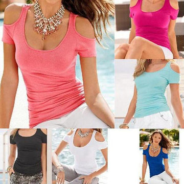 Scoop Sexy Shoulder Out Short Sleeves Slim Pure Color Blouse