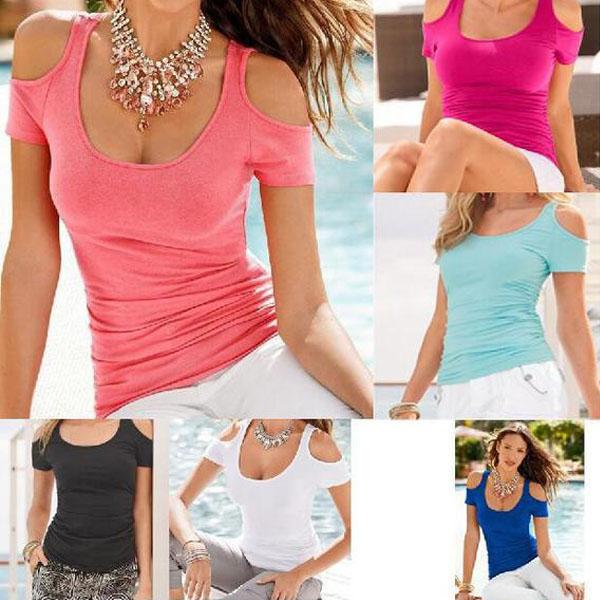 Scoop Sexy Shoulder Out Short Sleeves Slim Pure Color Blouse