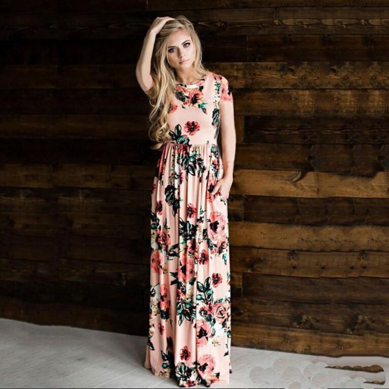 Flower Print 3/4 Sleeves and Short Sleeves High Waist Long Party Dress