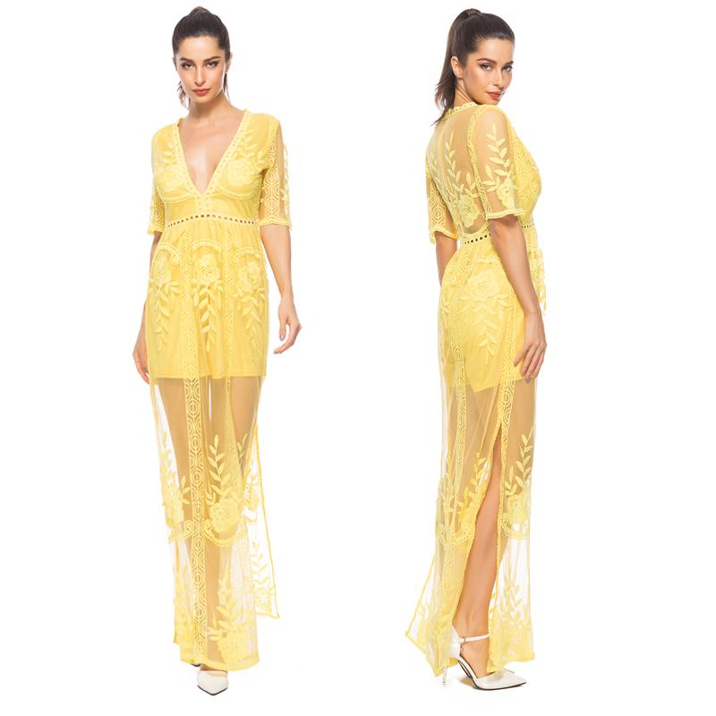 Lace V-neck Sleeveless Transparent Split Long Party Dress