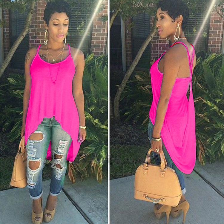 Scoop Spaghetti Strap Irregular Pure Color Blouse