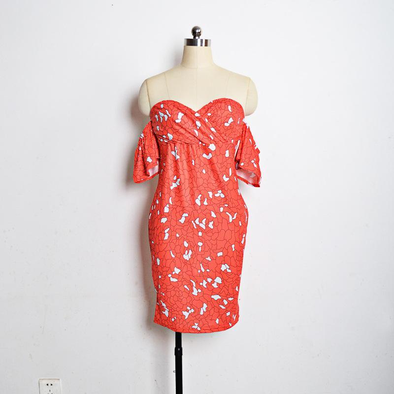 Print Off Shoulder Short Loose Sleeves Bodycon Knee-length Dress