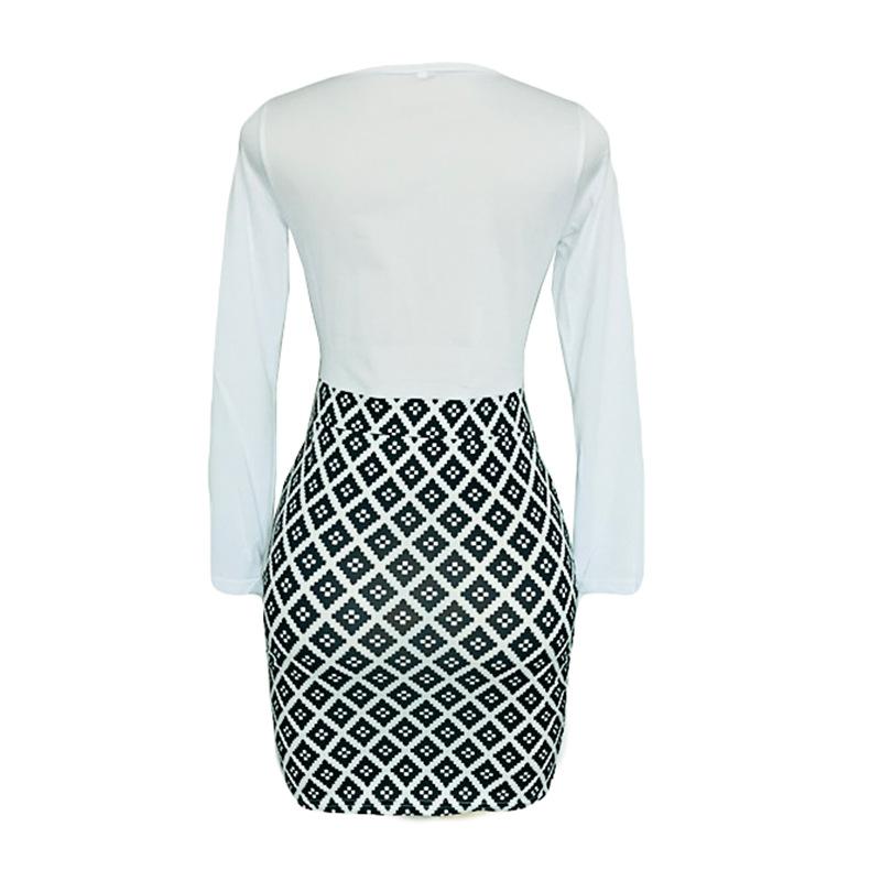 V-neck Long Sleeves Patchwork Bodycon Knee-length Dress