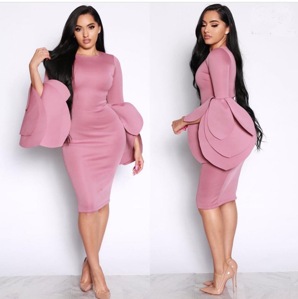 Pure Color Long Trumpet Sleeves Scoop Knee-length Dress