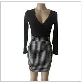 V-neck Long Sleeves Patchwork Bodycon Knee-length Dress