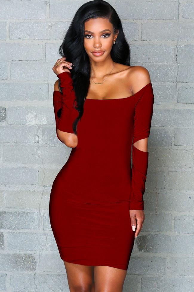 Pure Color Off Shoulder Hollow Sleeve Short Bodycon Dress