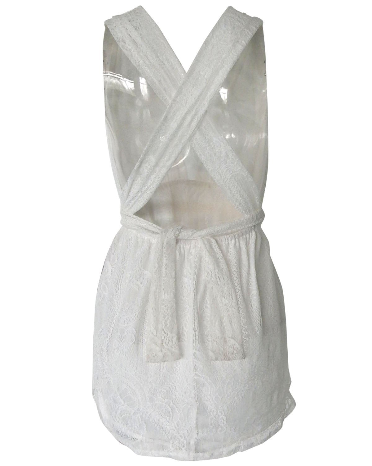 Backless Spaghetti Strap White Lace Back Cross V-neck Short Dress