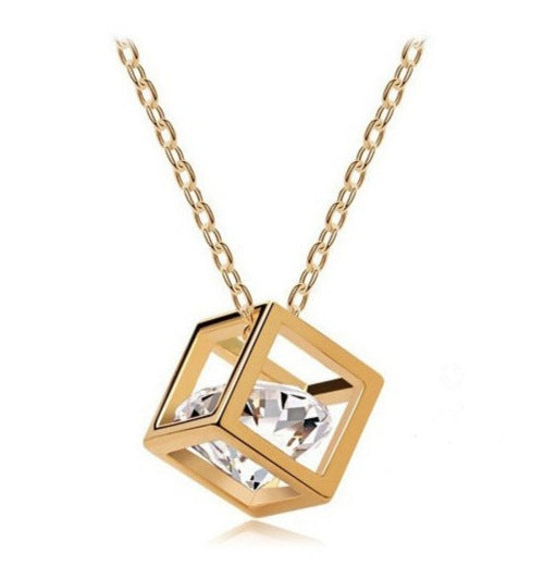 CRYSTAL ZIRCON CUBE PENDANT CLAVICLE NECKLACE