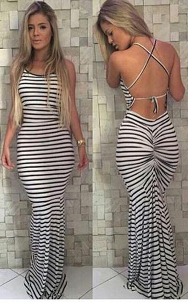Sleeveless Backless Spaghetti Strap Stripe Long Dress