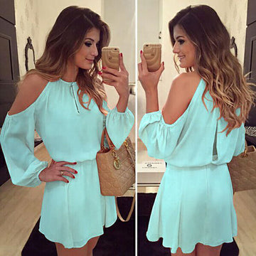 Bear Shoiulder Hollow O-neck Long Sleeve Short Dress