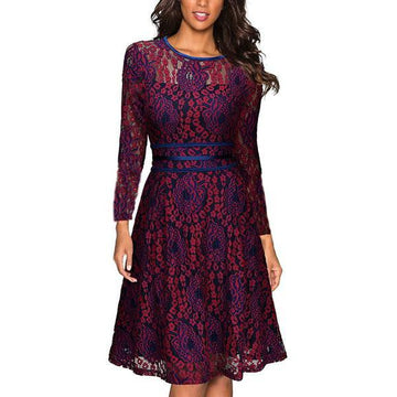 Solid Color Long-sleeved lace necklace zipper Party Dress
