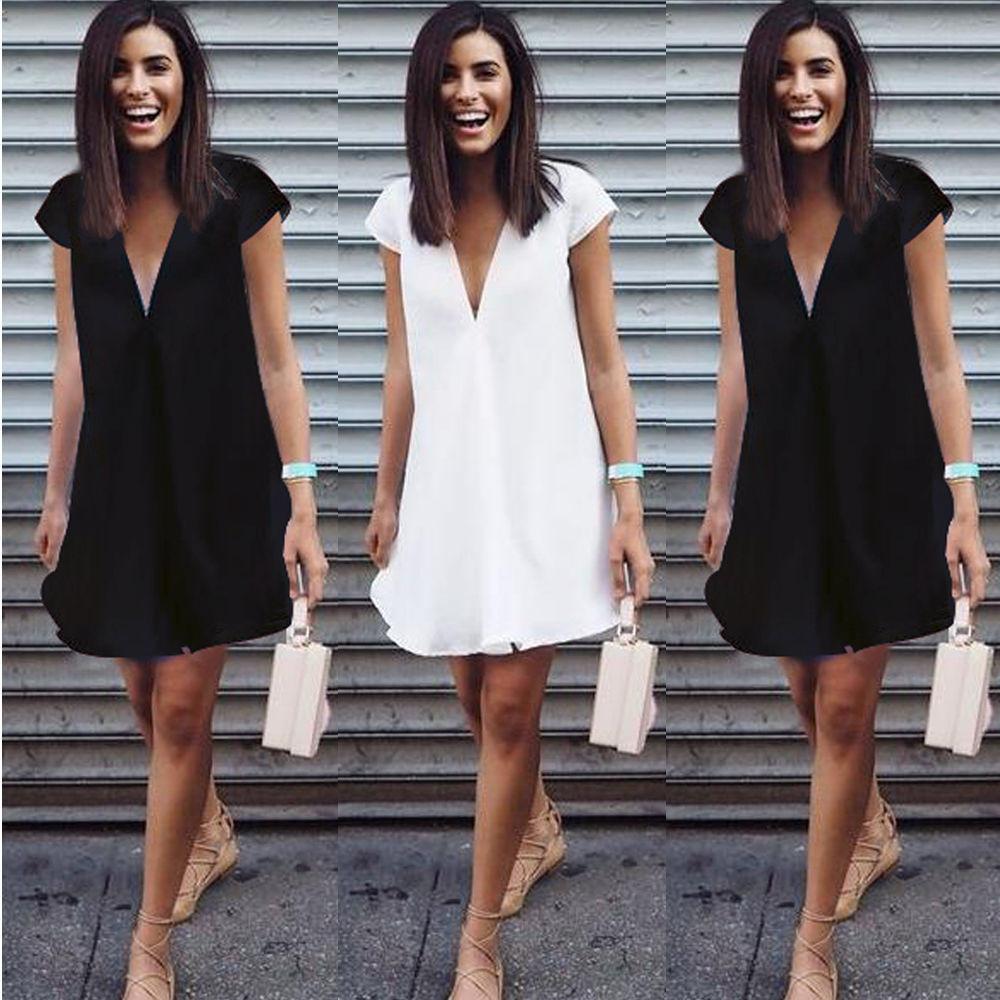 Sexy Pure Color V-neck Loose Plus Size Short Dress