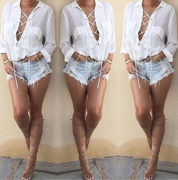 Strap Cross V-neck Chiffon Long Sleeves Plus Size Blouse - Meet Yours Fashion - 1