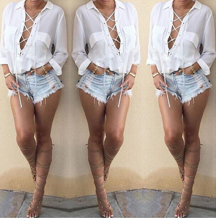 Strap Cross V-neck Chiffon Long Sleeves Plus Size Blouse - Meet Yours Fashion - 1