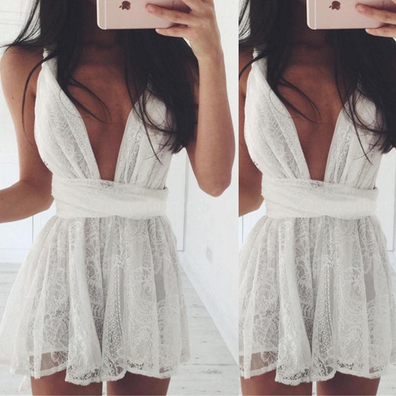 Backless Spaghetti Strap White Lace Back Cross V-neck Short Dress - Meet Yours Fashion - 1