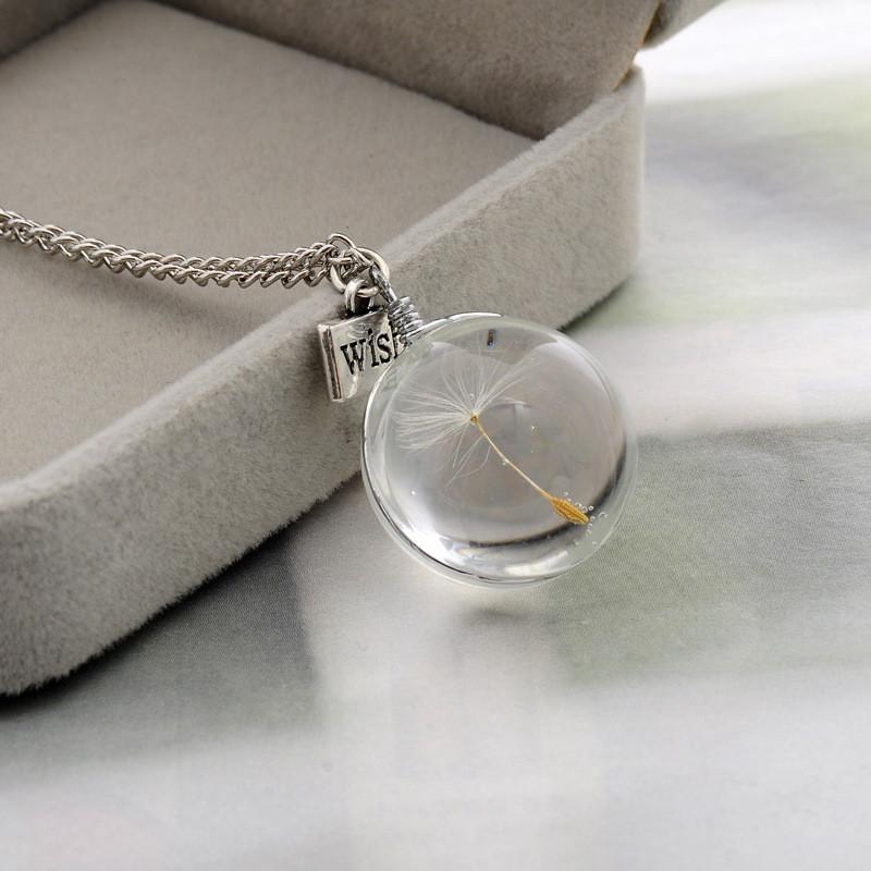 HANDMADE DIY NATURAL DANDELION DOUBLE TIME GEM PENDANT NECKLACE