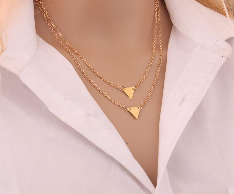 STREET BEAT FASHION STYLE DOUBLE TRIANGLE CLAVICLE PENDANT NECKLACE