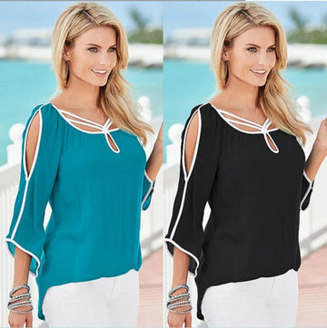 Irregular Bat-wing 3/4 Sleeves Out Shoulder Chiffon Blouse