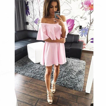 Off Shoulder Pure Color Short Sleeves Sexy Short Dress