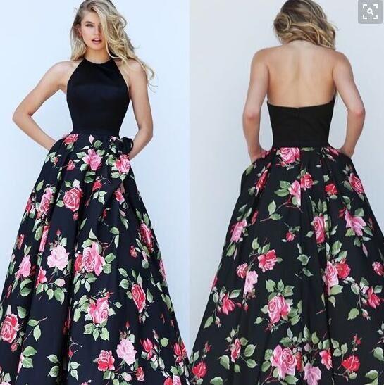 Halter Sleeveless Flower Print Patchwork Flared Maxi Dress