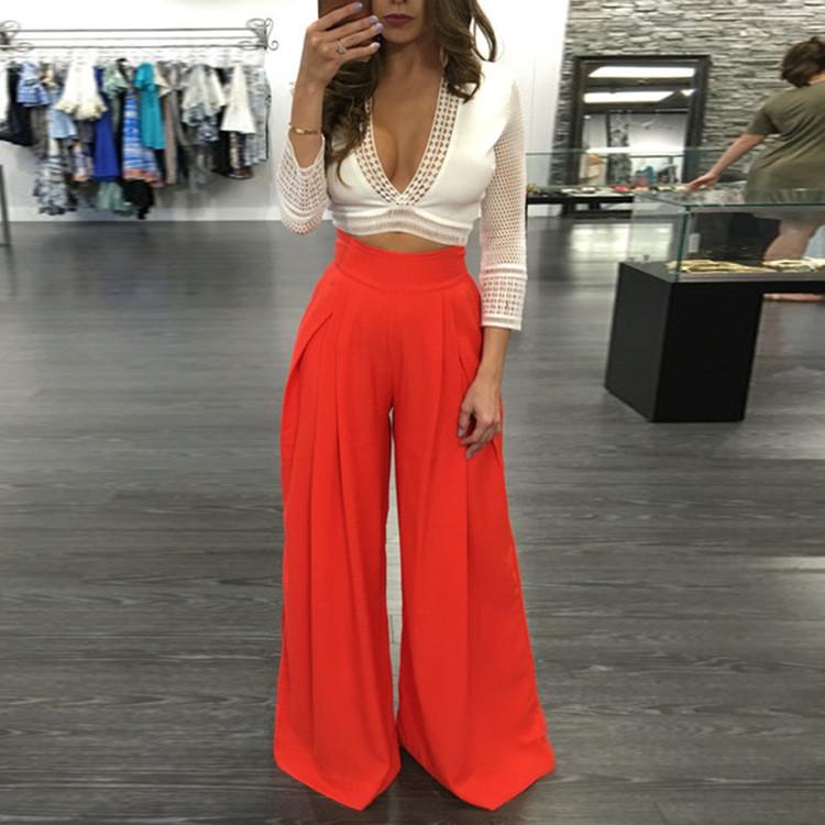 High Waist Draped Design Wide Leg Long Pants