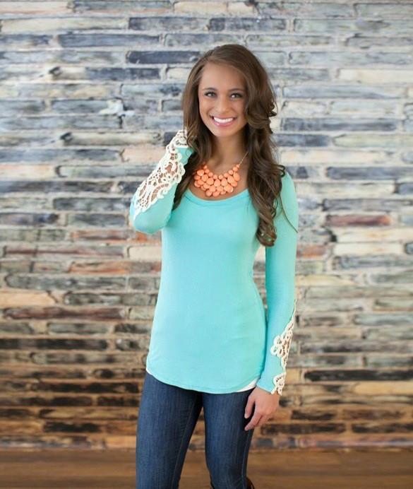 Lace Patchwork Scoop Sheath Fashion Pure Color Blouse