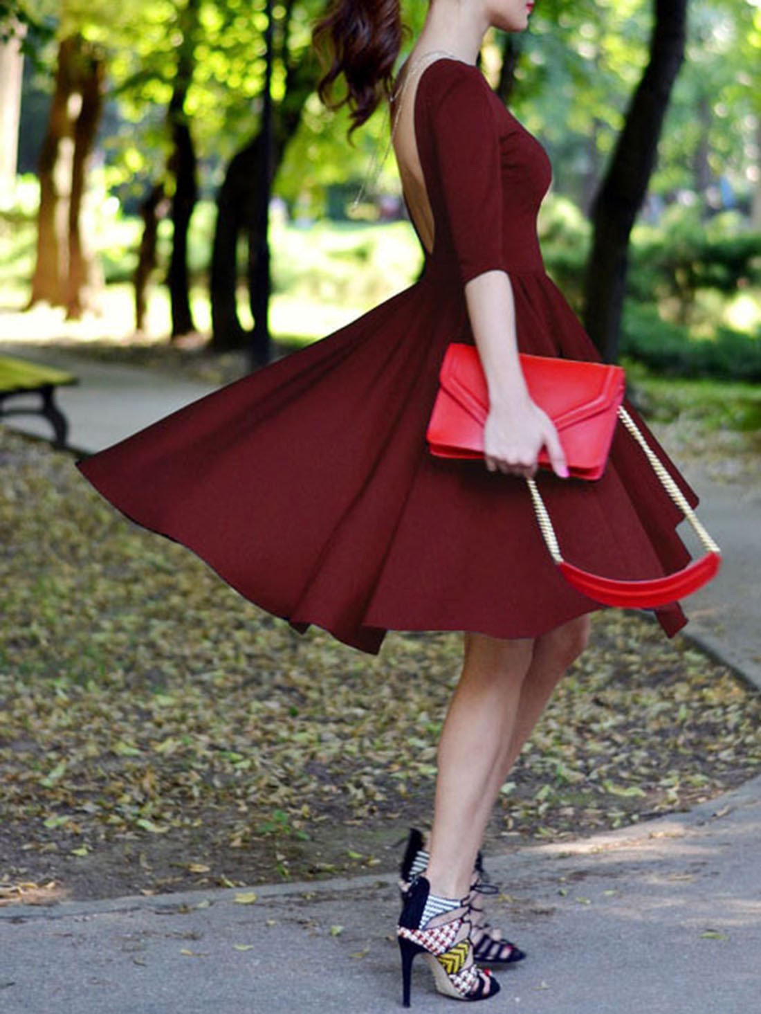 Backless Striped 3/4 Sleeves Knee-length Dress